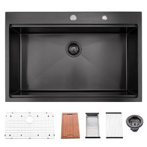 PROOX Matte Black Stainless Steel 33 in. Single Bowl Drop-In Kitchen Sink with All-in-One Accessory Set - 1 of 4