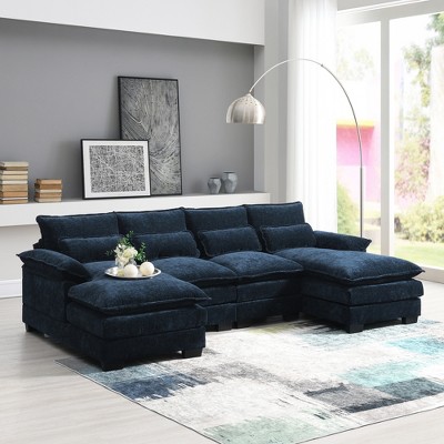 110" Modern Chenille 6 Seats Modular U-Shaped Sectional Sofa with Double Chaise Lounges, Lumbar & Armrest Pillows