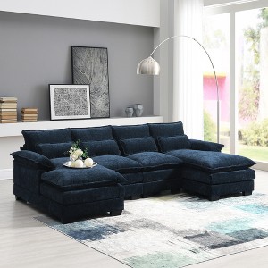 110" Modern Chenille 6 Seats Modular U-Shaped Sectional Sofa with Double Chaise Lounges, Lumbar & Armrest Pillows - 1 of 4