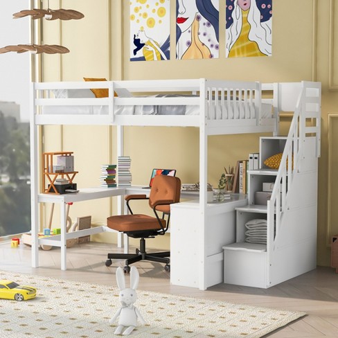 Full Size Loft Bed with Built-in L-Shaped Desk, Three-Tier Storage Shelves, Safety Guardrails and Attached Storage Staircase, White/Gray-ModernLuxe - image 1 of 4