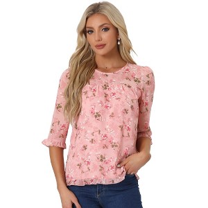 INSPIRE CHIC Women's Round Neck Ruffle 3/4 Sleeve Floral Print Chiffon Blouse - 1 of 4