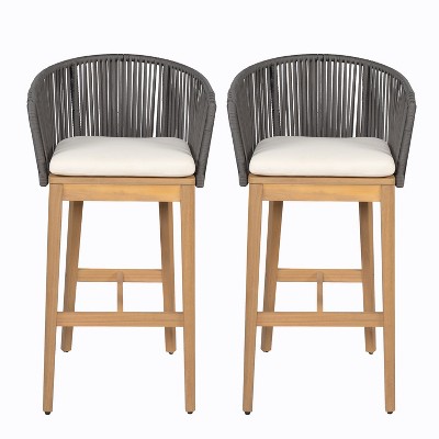 Christopher Knight Home Muntz Outdoor Acacia Wood Bar Stool with Rope Back and Cushion (Set of 2)