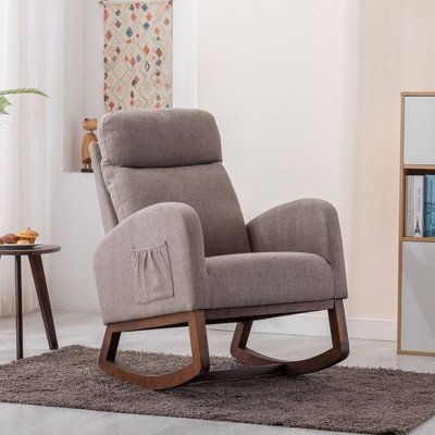 Modern Glider Rocking Chair with Wooden Legs and Side Pocket, High-Back Recliner Armchair for Nursery, Living Room, Bedroom