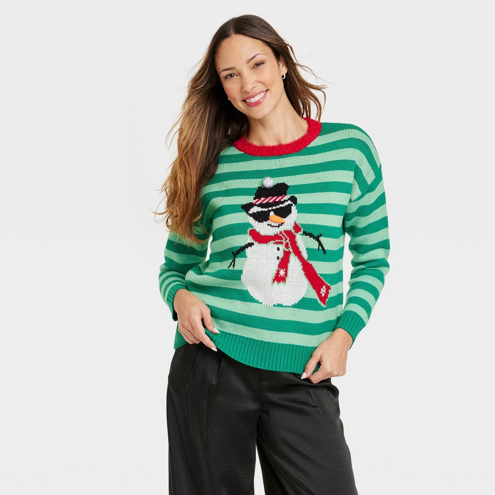 Women's Striped Snowman Graphic Sweater - Green XL