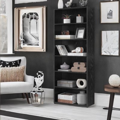 Black 6-Tier Adjustable Vertical Open Back Bookcase