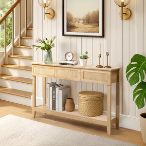 KTMBDW Modern Rattan Console Table with 3 Drawers and Open Storage Shelf, Entryway Table, Narrow Long Sofa Table fot Hallway, Living Room, Natural - 1 of 4