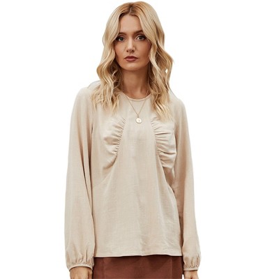Womens Solid Loose Fit Basic Shirt Crew Neck Long Sleeve Casual Tops Ruffle