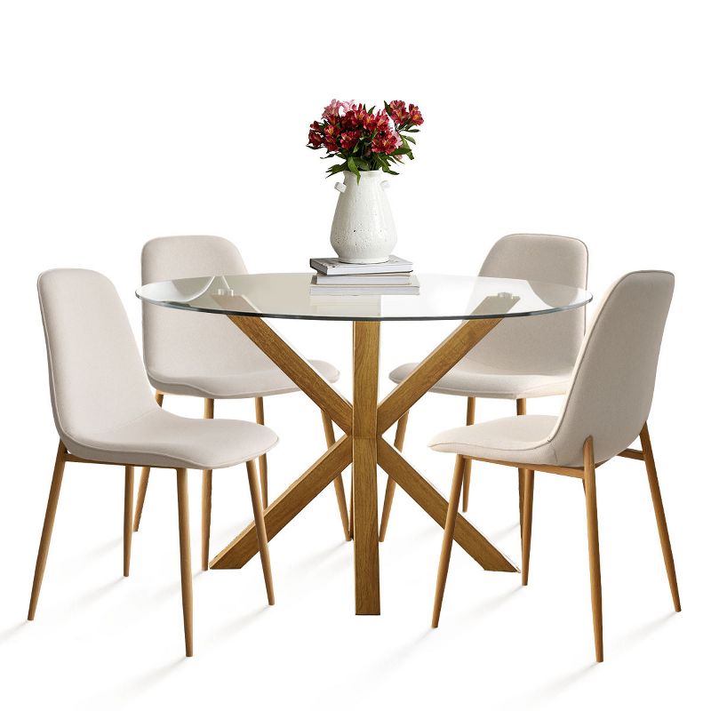 Olive+Oslo Round Glass Dining Table With Chairs,5-Piece Round Clear Glass with 4 Upholstered Dining Chairs,Oak Dining Table And Chairs-Maison Boucle, 4 of 11