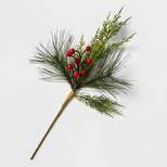 17" Cedar Hard Needle and Red Berries Stem Artificial Christmas Pick - Wondershop™