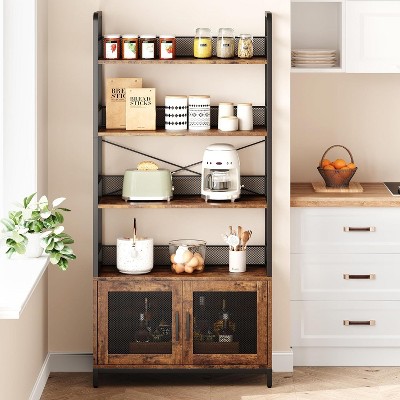 Homhougo Bookshelf with Doors Industrial Bookcase with 4 Tiers Open Storage Shelf Rustic Bookshelves 70.87" Tall Display Rack Cabinet, Brown