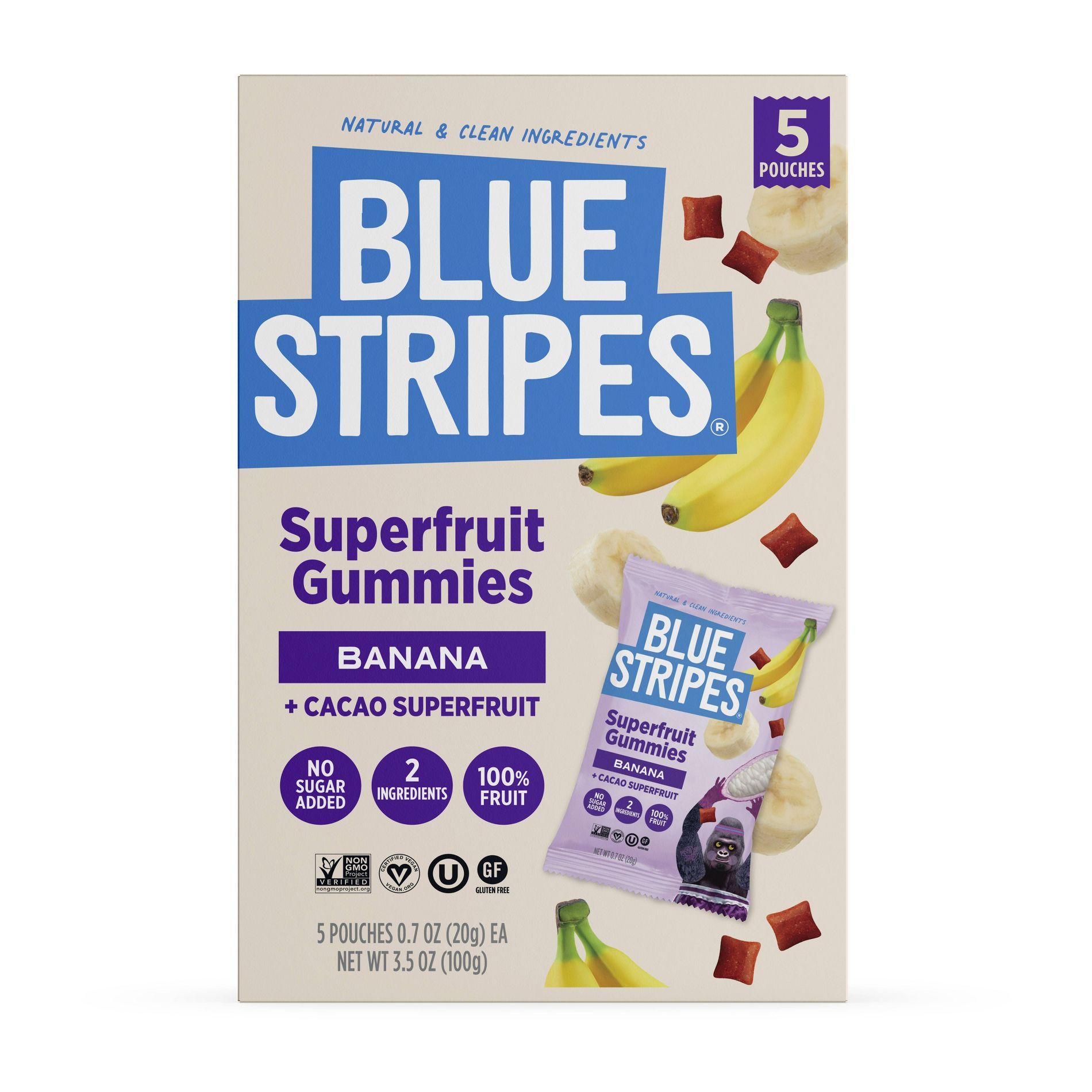 BLUE STRIPES Superfruit Gummies Banana and Cacao Fruit - 3.5oz/5pk