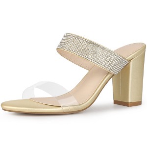 Allegra K Women's Clear Strap Rhinestones Heel Chunky Heels Slide Sandals - 1 of 4