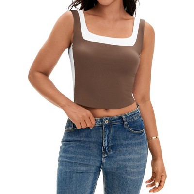 ATHLECHIC Women's Color Block Sleeveless Square Neck Crop Sport Tank Tops