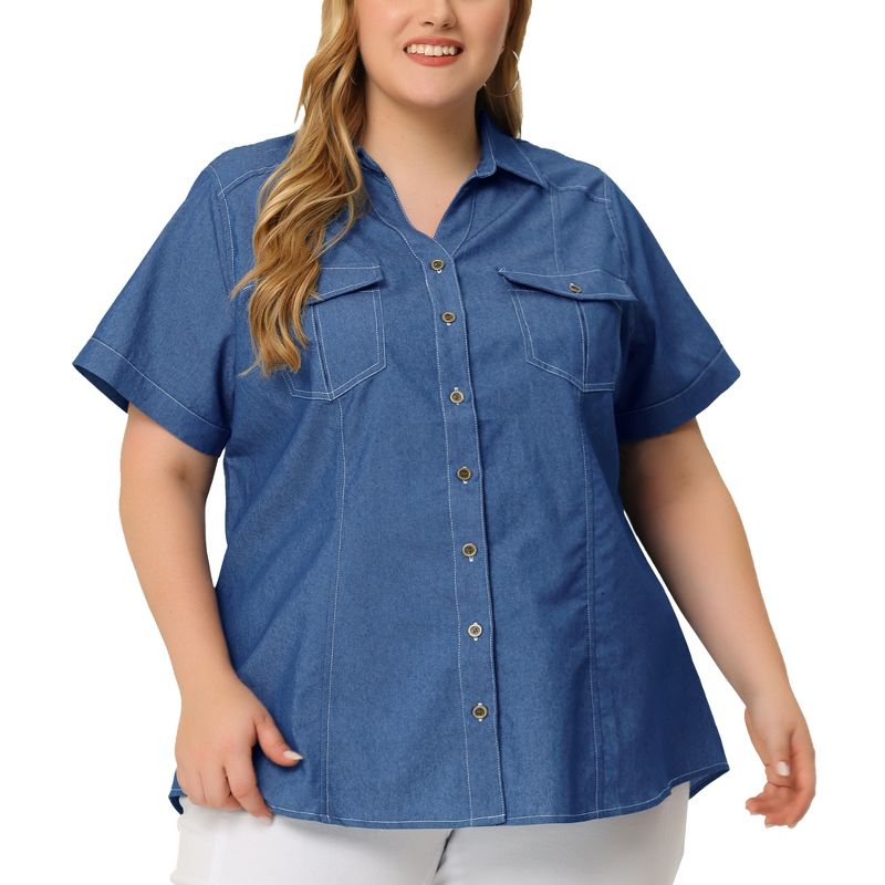 Agnes Orinda Women's Plus Size Chambray Work Short Sleeve Full Placket Button Down Shirts, 2 of 7