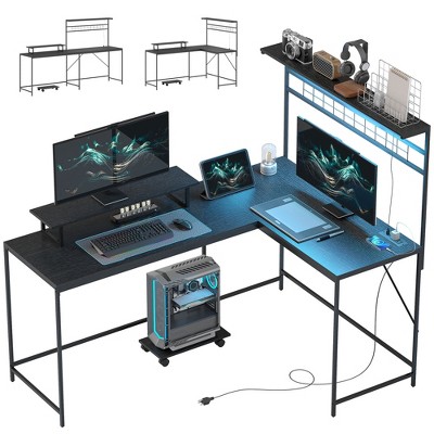 HOMCOM 61.6" L Shaped Desk with Power Outlets & LED Lights, Convertible Computer Desk with Monitor Stand and Computer Shelf for Home Office, Black