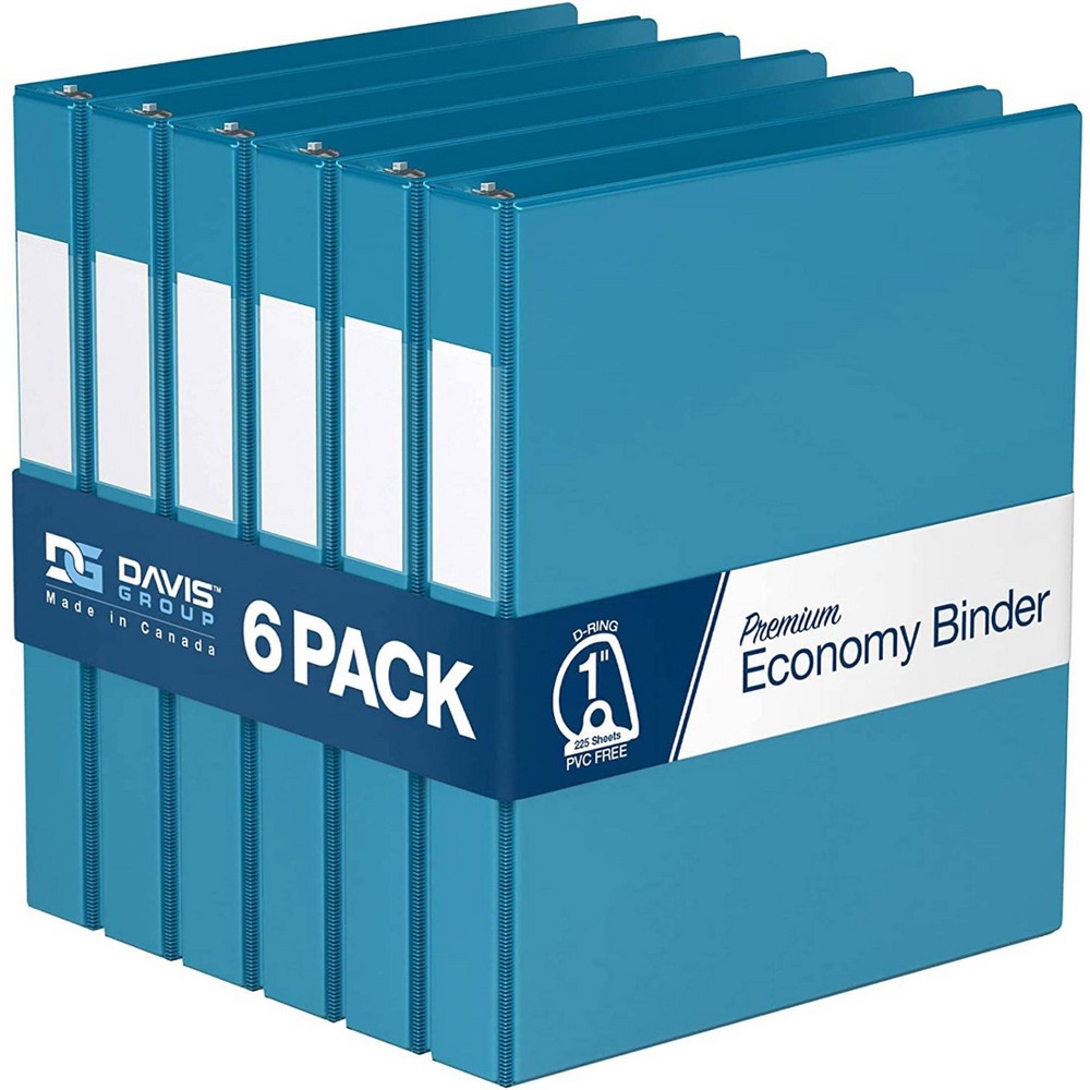 Davis Group 6pk 1" Premium Economy Angled D-Ring Binder Turquoise Blue: Teal Binders, Hard Cover, 225 Sheet Capacity