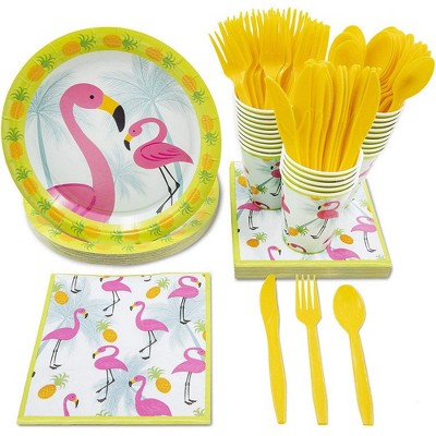 Juvale 144 Pieces Pink Flamingo Birthday Summer Luau Hawaiian Party Supplies, Plates, Napkins, Cups, Cutlery for 24 Guests