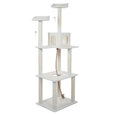 Pet Adobe Multilevel Cat Tree House With Hanging Rope - Ivory