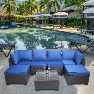 Janey 7-Piece PE Rattan Patio Conversation Set, Patio Sectional Sofa Set with Coffee Table, Outdoor Furniture - Maison Boucle