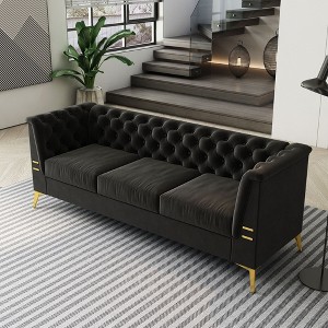VASIP  Luxurious Black Velvet Sofa with Gold Legs - Modern Chesterfield Design, Tufted Upholstery, 3-Seat Couch for Living Room and Office - 1 of 4