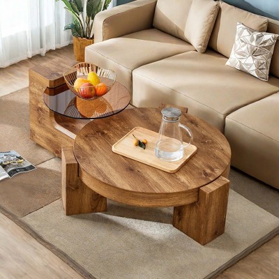 NicBex Modern Detachable 2-Decker Round Nesting Coffee Table with Glass Top for Living Room