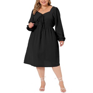 Agnes Orinda Women's Plus Size Midi Long Sleeve Sweetheart Bow Tie Swing Ruffle Swiss Dots Boho Babydoll Dresses - 1 of 4