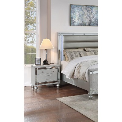Vynxaria Classic Luxury Look Silver 1pc Nightstand Wooden Bedside Table Drawers Mirror Glass Panel Bedroom Furniture