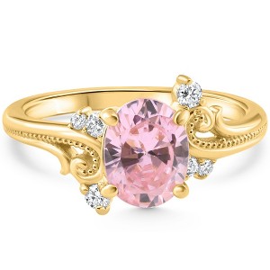 Pompeii3 1 3/4Ct Pink Topaz & Diamond Deco Ring Gold Lab Created - 1 of 4