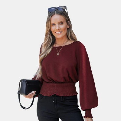 Women's Elegant Burgundy Balloon Sleeves Smocked Waist Crop Top - Cupshe