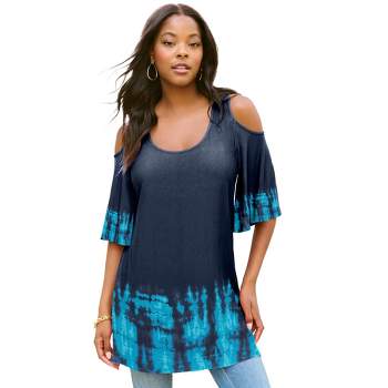 Roaman's Women's Plus Size Cold-shoulder Ultrasmooth Fabric Tunic - 26/28,  Blue : Target