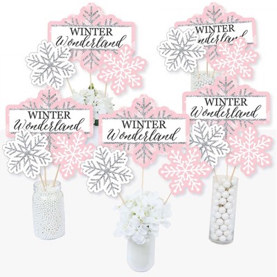 Big Dot of Happiness Pink Winter Wonderland - Holiday Snowflake Birthday Party or Baby Shower Centerpiece Sticks - Table Toppers - Set of 15