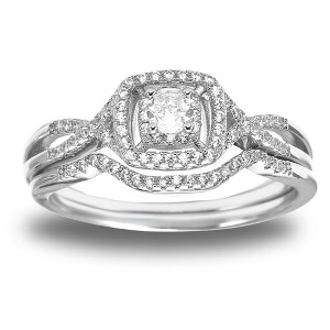 Wedding Ring Set for Women Halo CZ  White Gold Sterling Silver Engagement Ring Ginger Lyne Collection - 1 of 4