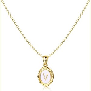 14K Gold Plated Oval Initial Necklace White Enamel Personalized Jewelry - 1 of 4