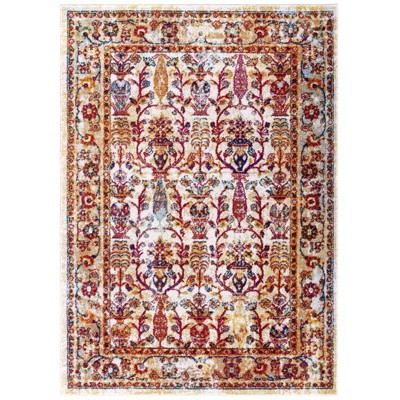 Modway Entourage Jessa 5x8 Area Rug – Vintage Distressed Floral Lattice Design in Muted Blue and Beige