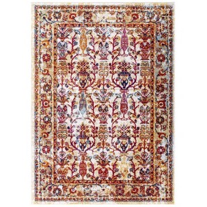 Modway Entourage Jessa 5x8 Area Rug – Vintage Distressed Floral Lattice Design in Muted Blue and Beige - 1 of 4