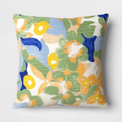 Square Printed Floral Cotton Slub Pillow Ivory - Room Essentials™