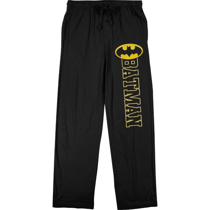 Batman Stitch Title Logo Men's Black Drawstring Sleep Pajama Pants, 1 of 2