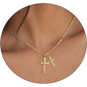 "14K Gold/Silver Plated Double Cross Necklace, Dainty Diamond Cross Pendant Chain, Delicate Faith Jewelry Gift for Women" - 1 of 4
