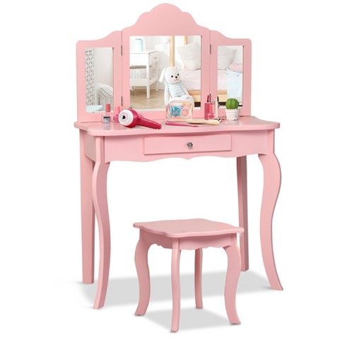 Kids Vanity Set Table and Stool with Drawer Dressing Mirror Pink Girls Gifts