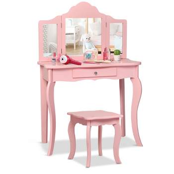 Costway Kids Vanity Table & Stool Princess Dressing Make Up Play Set for Girls Pink