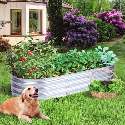 Aoodor Galvanized Raised Garden Bed Kit, Outdoor Garden Planter Oval Large Boxes for Vegetables, Flowers, Herbs - Silver