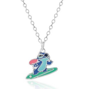 Disney Lilo and Stitch Silver Plated Stitch Surfing Pendant, 16+2" Chain - 1 of 4