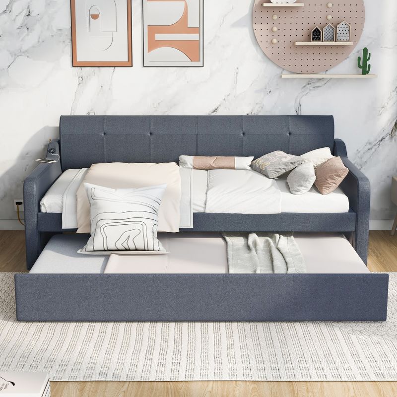 Twin Size Upholstery Daybed with Adjustable Trundle Bed and USB Port-ModernLuxe, 3 of 12