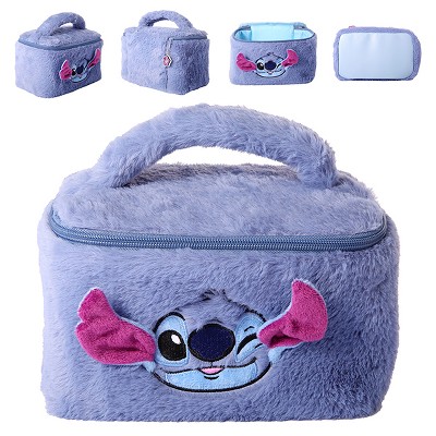 Disney Stitch Fluffy Travel Cosmetic Bag - Cute Plush Makeup Cosmetic Jewelry Case