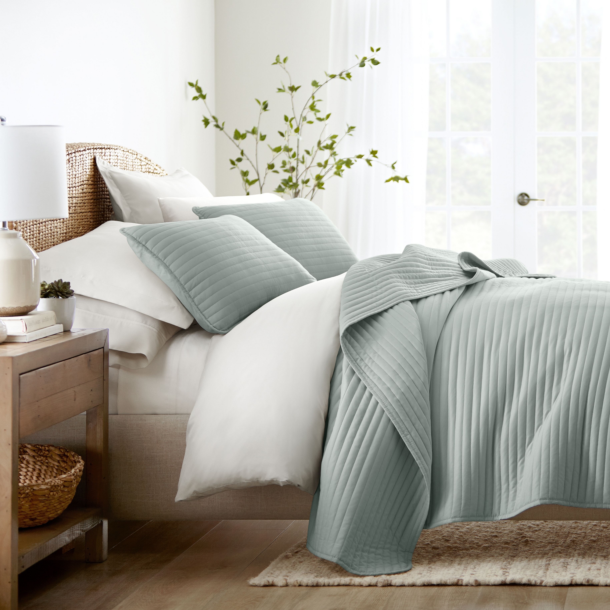 Stripes Floral and Diamonds Quilted Coverlet Set With Shams - Becky Cameron, Stripe Stitch / Eucalyptus, Full/Queen
