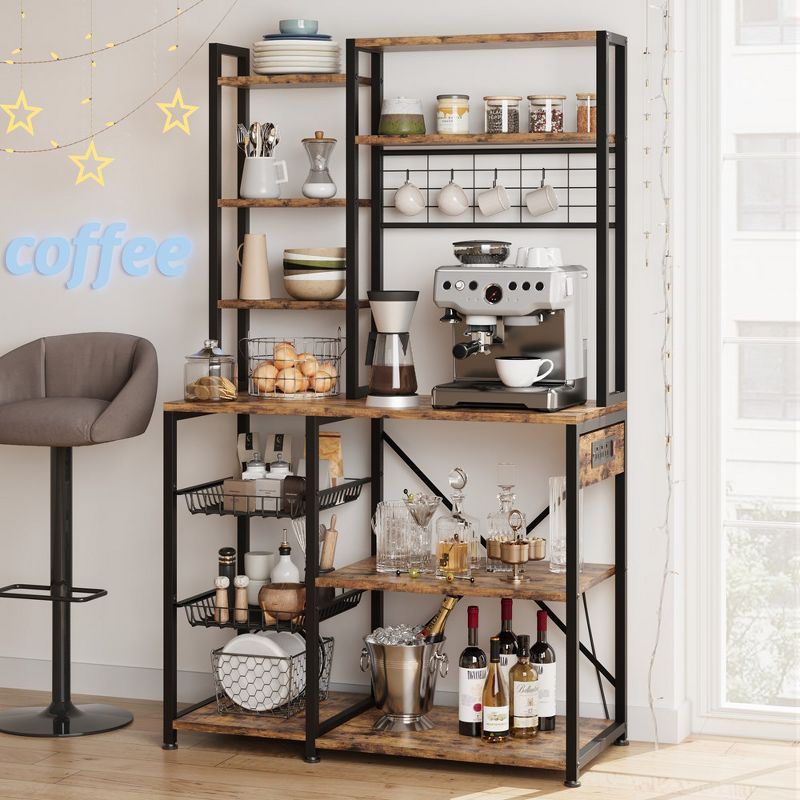 Bakers Rack with Power Output, Coffee Bar Station with 2 Big Metal Basket, Dining Room Large Storage Rack, Microwave Stand, Coffee Stand Station, 2 of 8