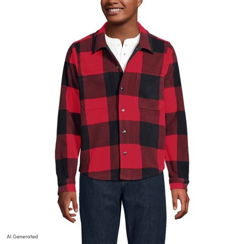 Lands' End Men's Anyweather Fleece Shirt Jacket - Medium - Compass Red Large Check