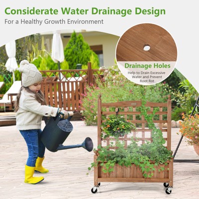 Natural Fir Wood Planter Box with Trellis and Wheels