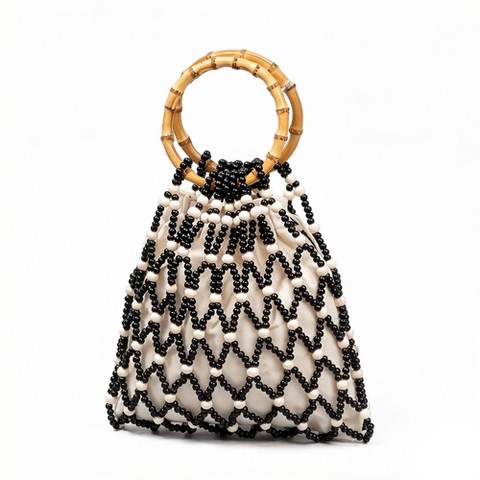 Сумки Alilang Beaded Drawstring Mini Bag with Bamboo Handle Structured Bucket Purse Lightweight Top Handle Handbag - Black