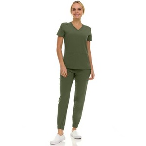 Saint Scrubs Womens 9-Pocket Medical Uniform Set- V-Neck Stretch Top with Seven Pocket Jogger Scrub Pant - 1 of 4
